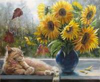 Без бренда «Подсолнухи в синей вазе возле кота» в Балашихе  в интернет-магазине  Без бренда «Подсолнухи в синей вазе возле кота» в Балашихе