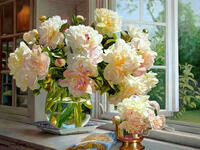 Без бренда «Ваза с букетом белых пионов у окна» в Балашихе 