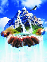 Горы и водопад в человеческих руках