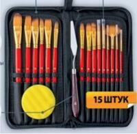 Без бренда «Коробка 50 шт.: Набор кистей для рисования в чехле, премиум набор (15 нейлоновых кистей, 1 мастихин) красные» в Балашихе 