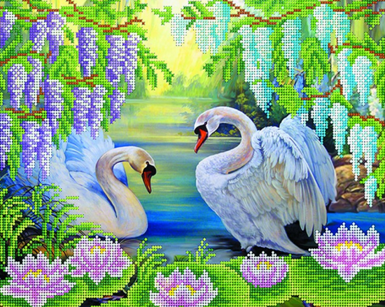 Мозаика 40x50 без подрамника Два белых лебедя под цветущей глицинией